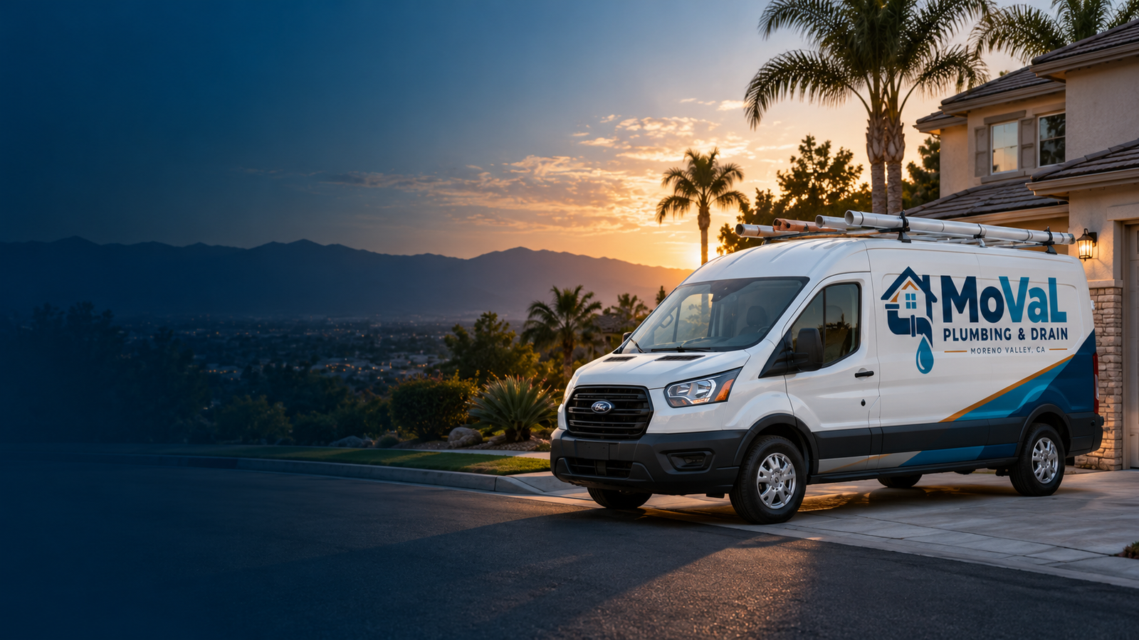 MoVal Plumbing and Drain service van in a Southern California residential neighborhood